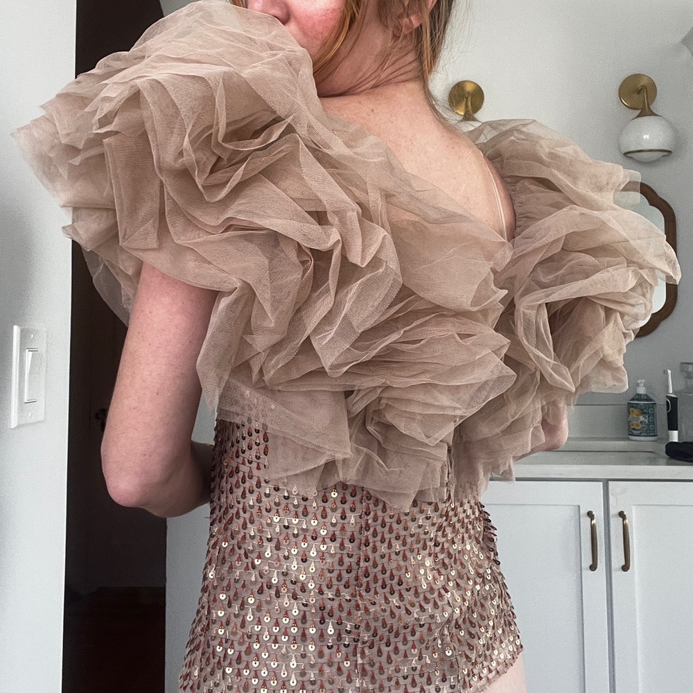 Formal Nude Dramatic Ruffled Sequence Blouse - image 1